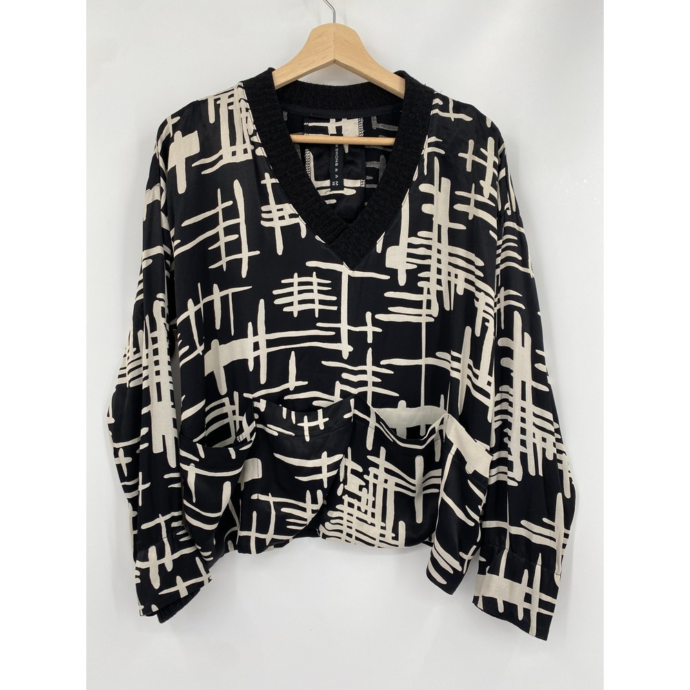 Gershon Bram Blouse Women XS Black Abstract V-Neck Long Sleeve Pocketed